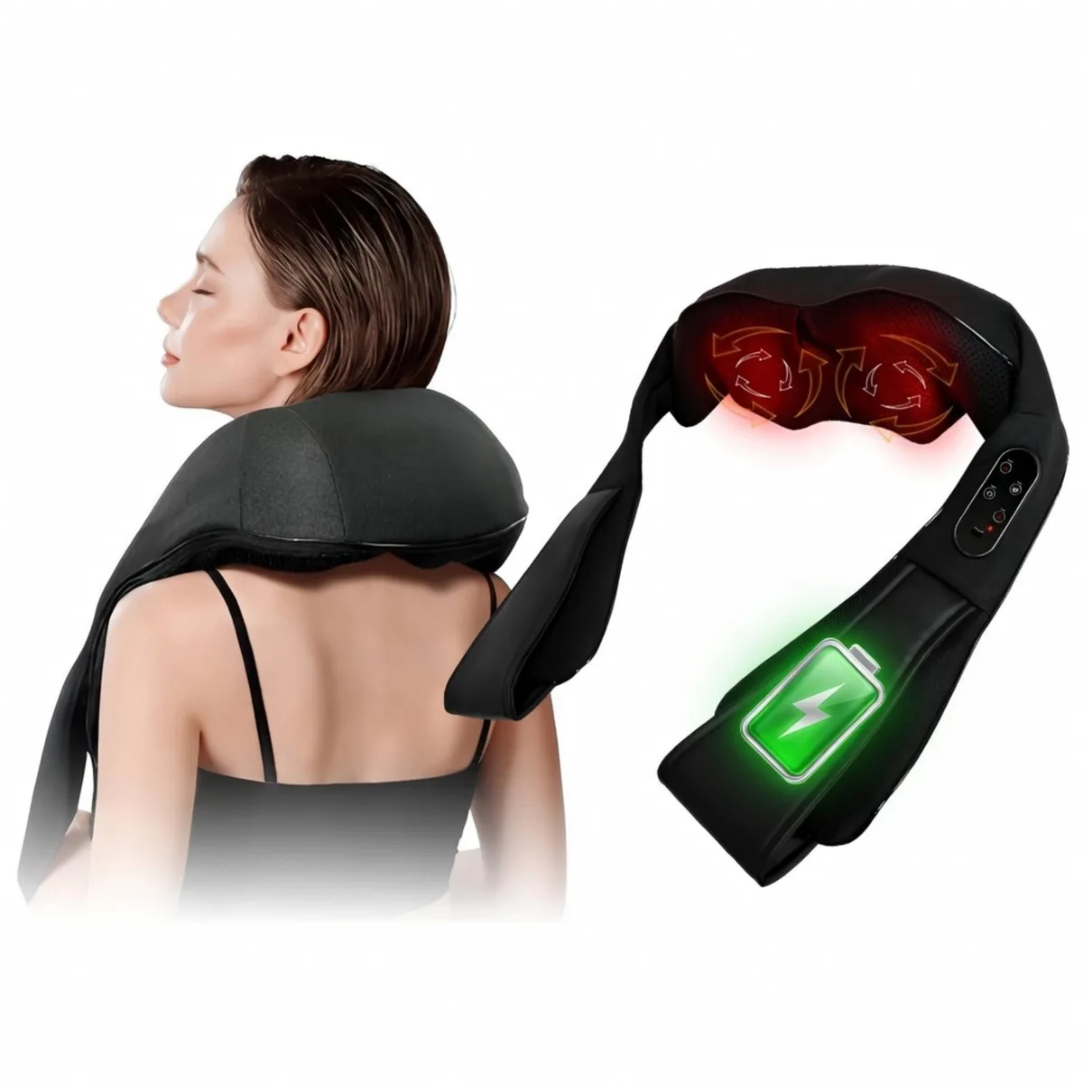 Black U-shaped cordless neck massager with faux leather finish