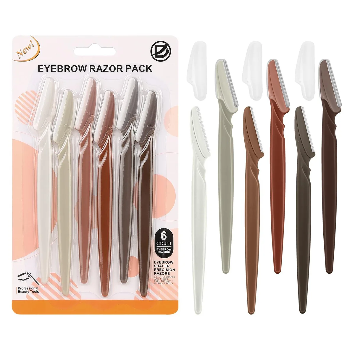 Six neutral coloured disposable facial razors with protective caps