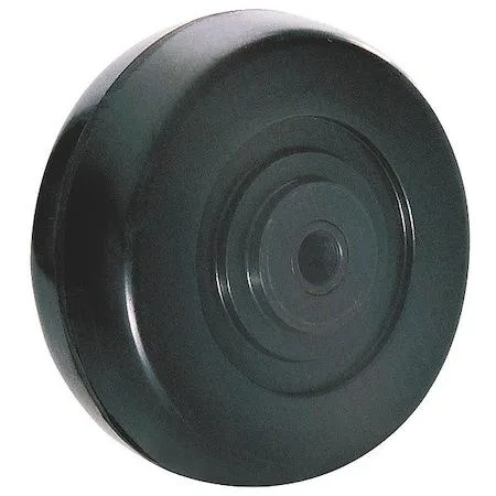 Black rubber caster wheel four inch diameter soft tread non marking hub visible