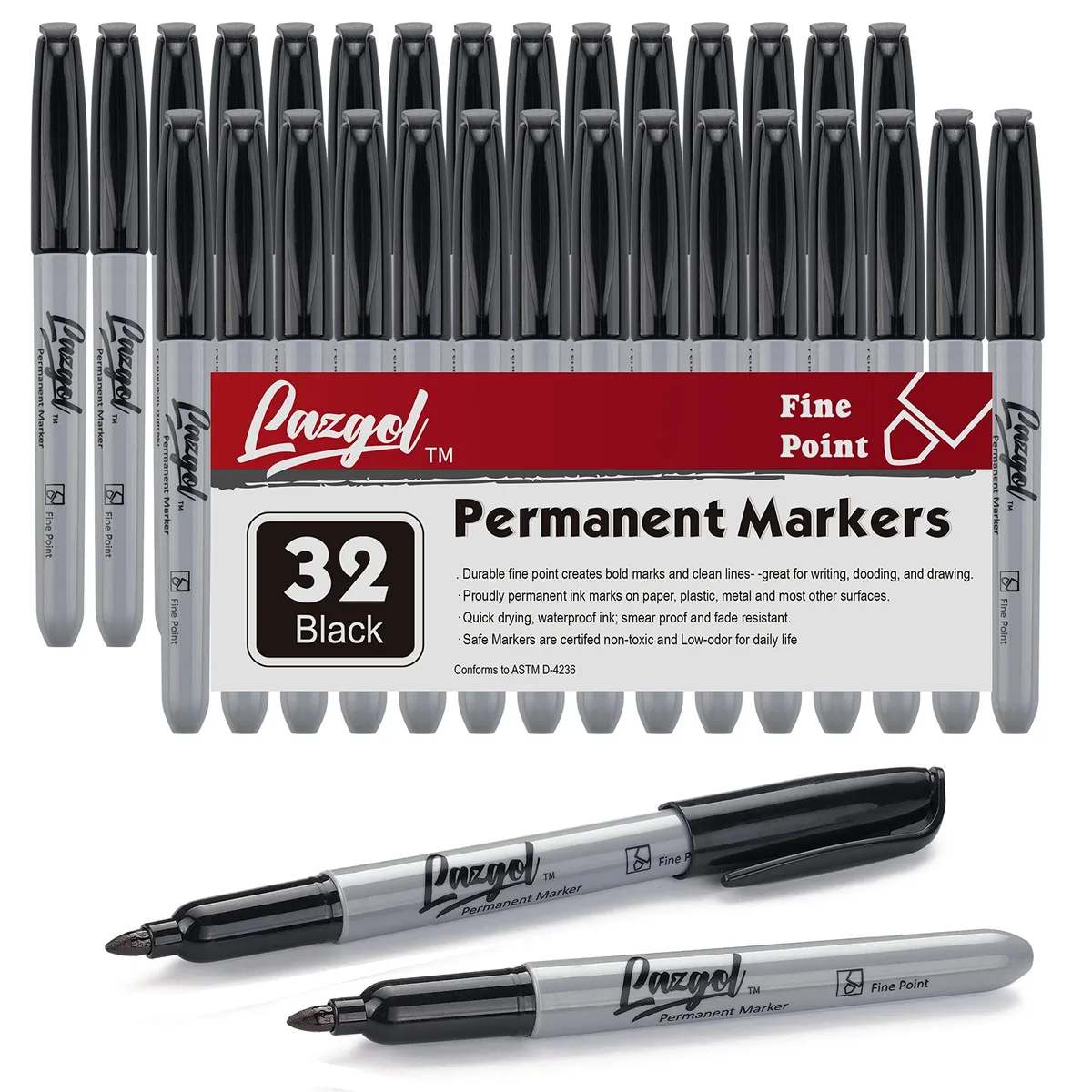 LAZGOL Permanent Markers 32 Pack Black Fine Tip — product photo