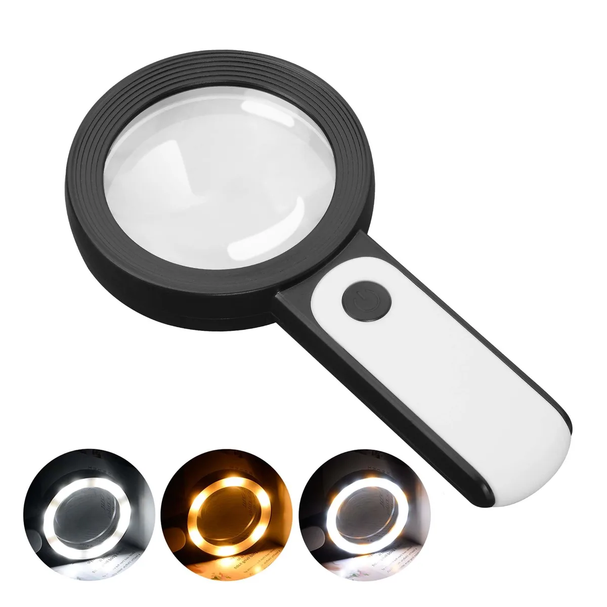 Black handheld magnifier with 18 LEDs, 3× glass lens, 12-pack