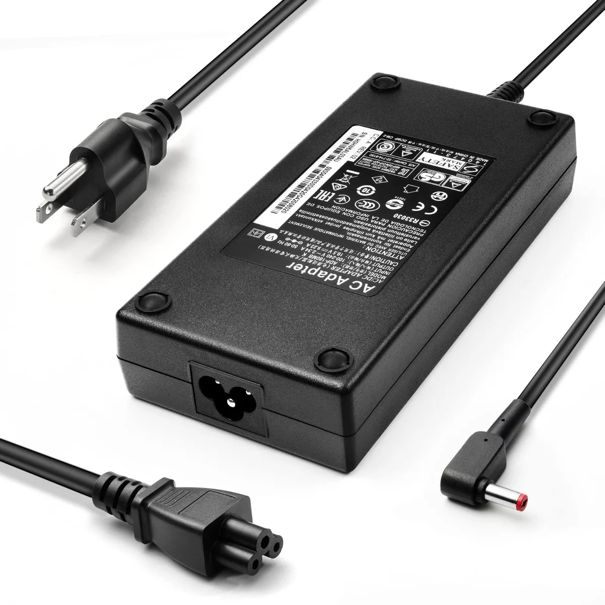 Rectangular black power brick with 5.5 x 1.7mm barrel connector and detachable europlug cord