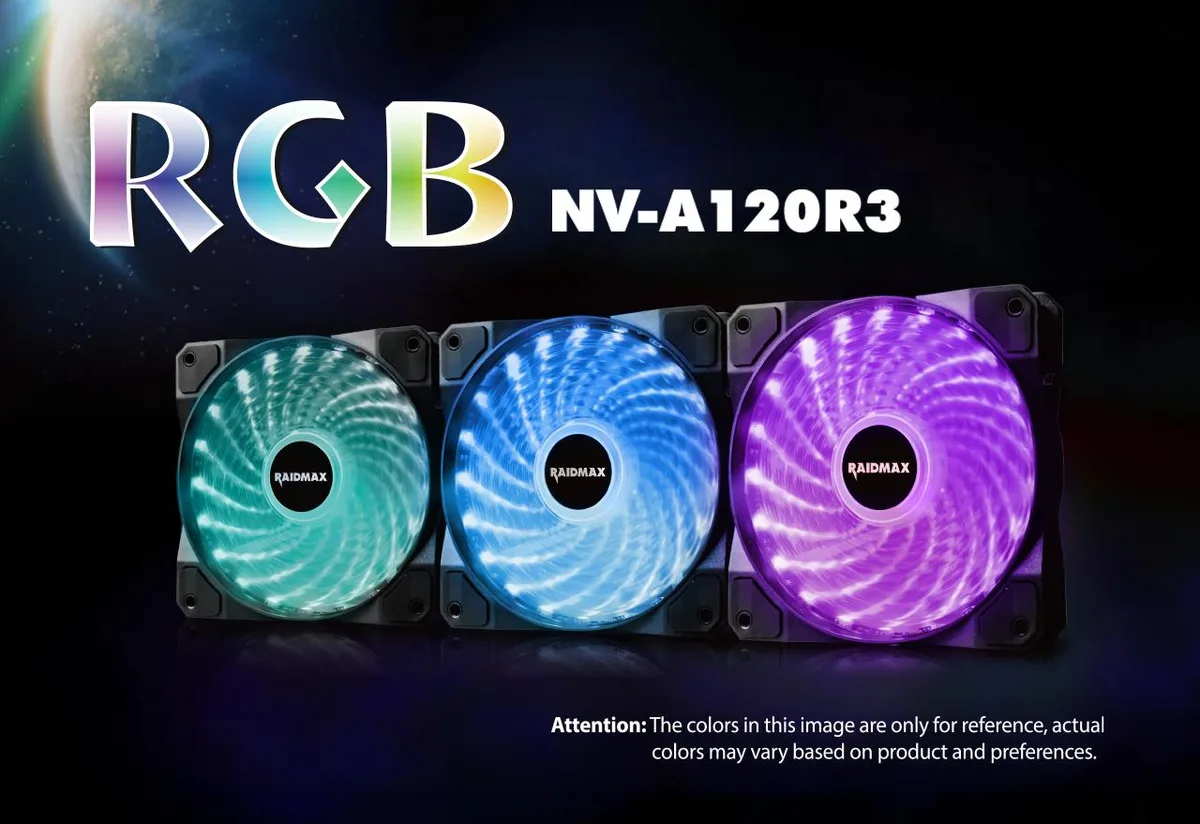 Raidmax Raidmax NV-A120R3 RGB 3×120mm case fan 20-25 dBA 30-35 CFM — product photo