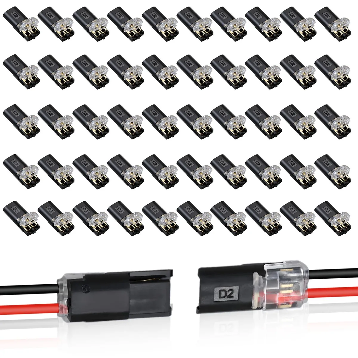 Wire Cap Connectors 50pcs 2-pin 22–18 AWG 36V 9A UL94V-0 Black — product photo