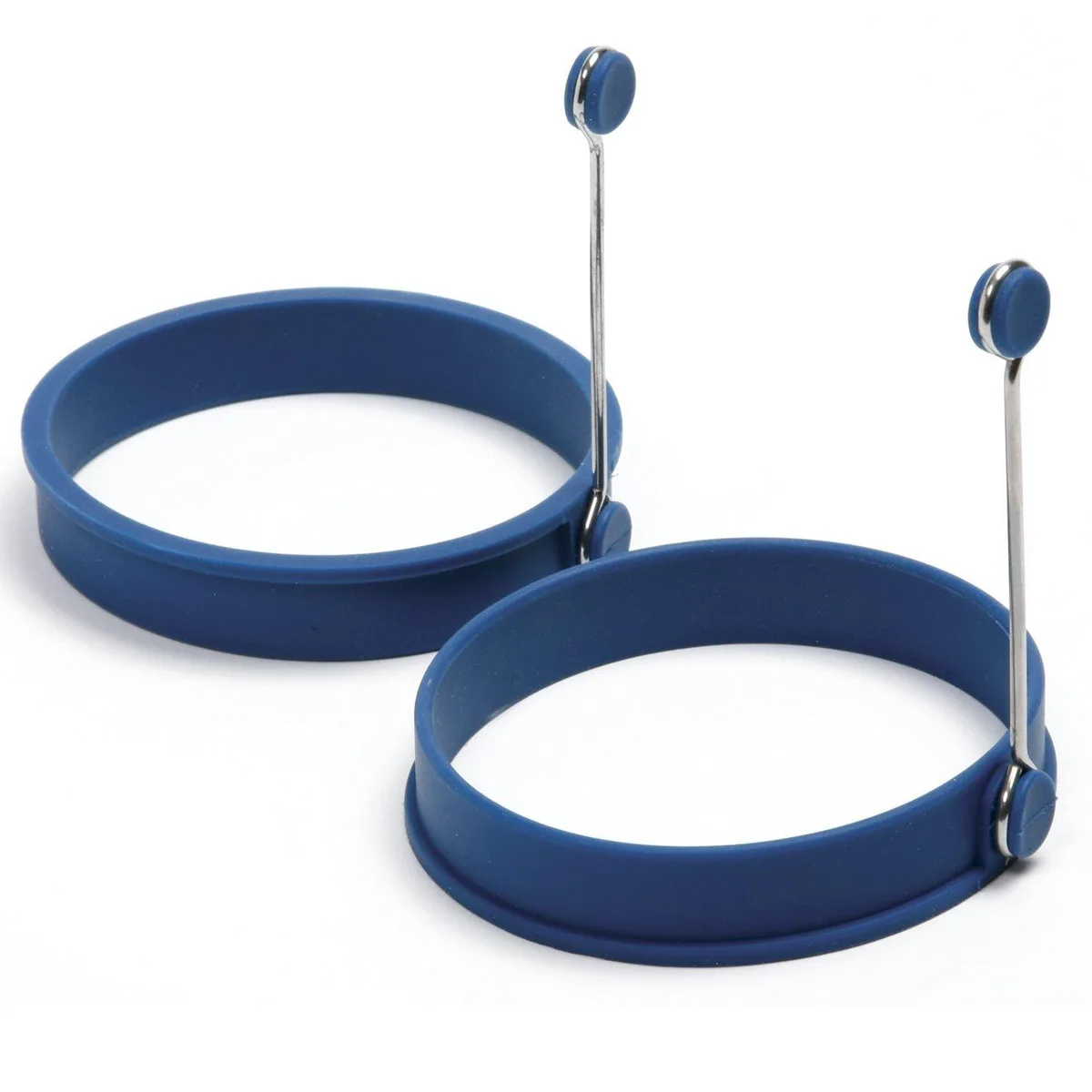 Two blue silicone egg rings with fold-down handles