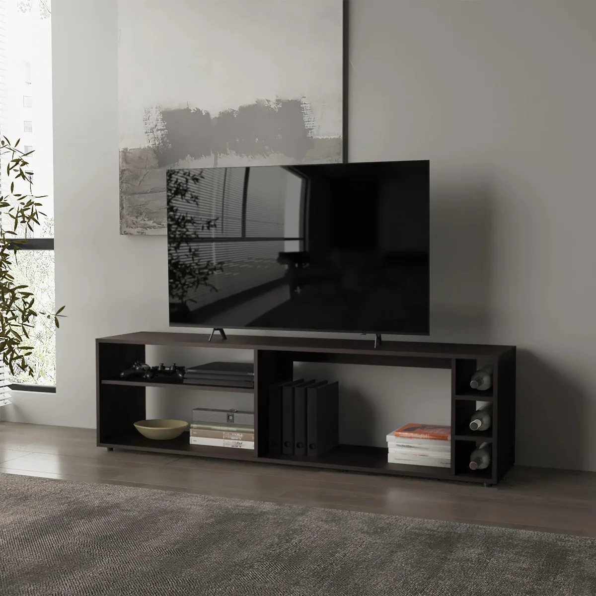 Rectangular particle-board TV stand in dark wenge finish with four open shelves