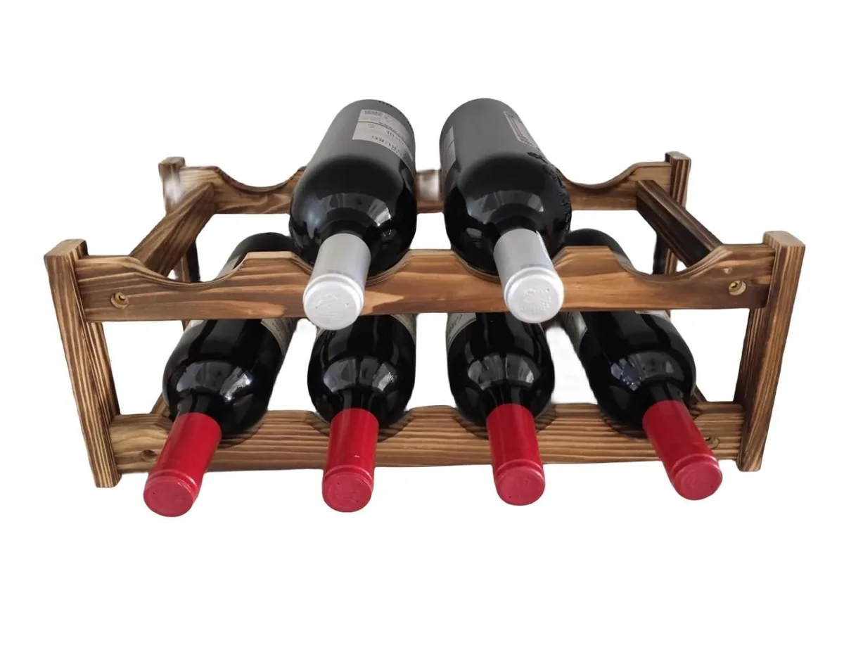 Two-tier carbonized pine wine rack with curved bottle slots, dark wood finish
