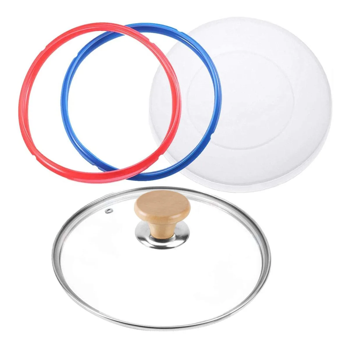 Clear tempered glass lid with wood knob and stainless rim, plus flexible silicone cover and two sealing rings