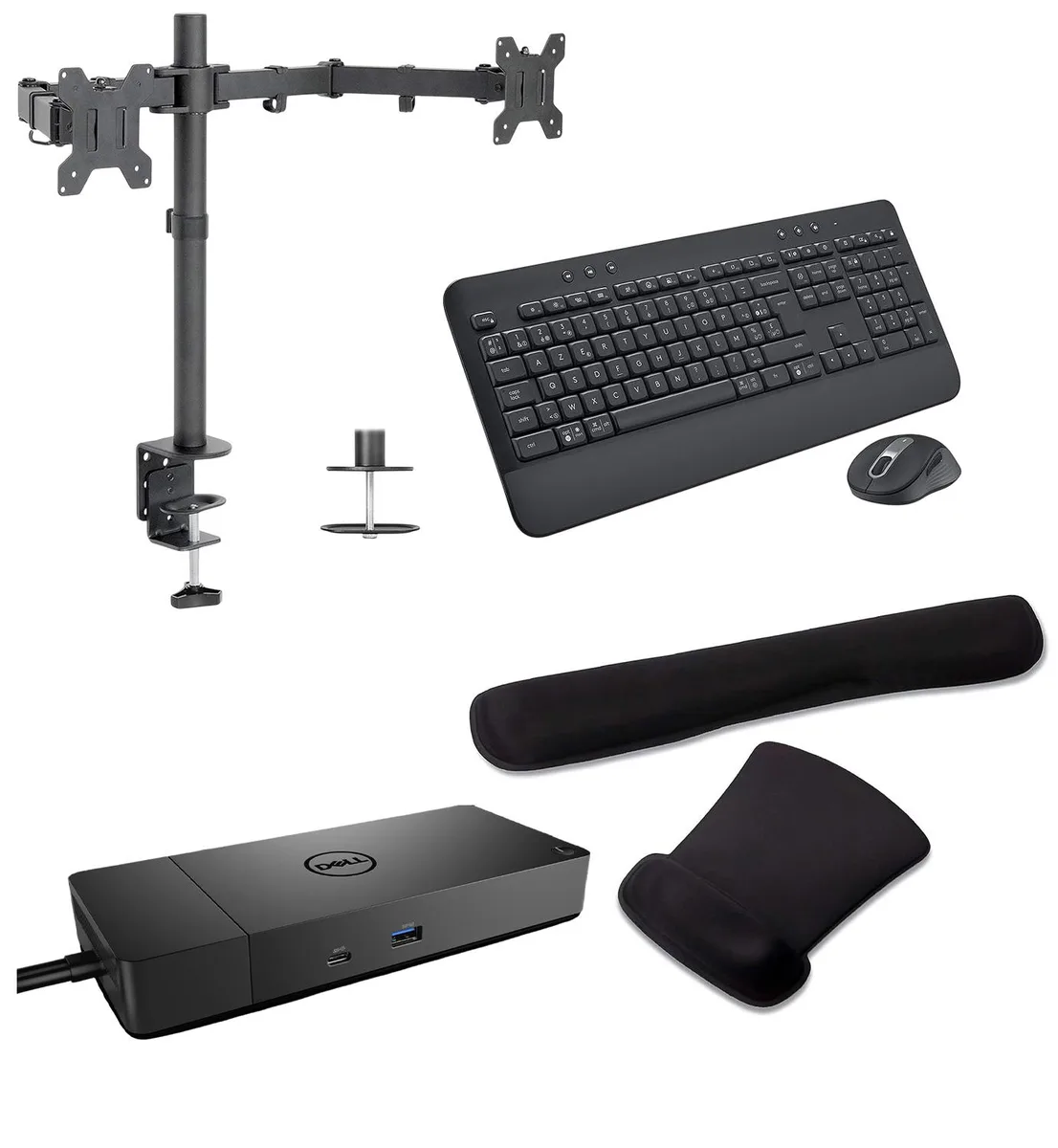 DELL DELL WD19S 90W USB-C Dock Bundle with MK650 Keyboard, Mouse, Dual Monitor Stand, Gel Wrist Rest — product photo