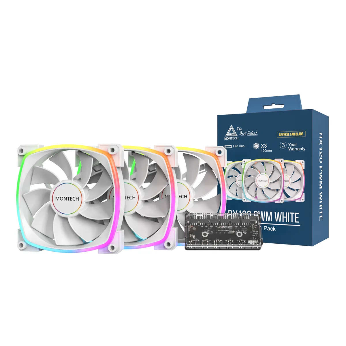 Montech Montech RX120-3in1W 120 mm case fan 3-pack white 1600 RPM — product photo