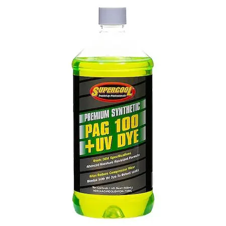 Yellow plastic bottle of PAG 100 A/C lubricant with UV dye 32 oz