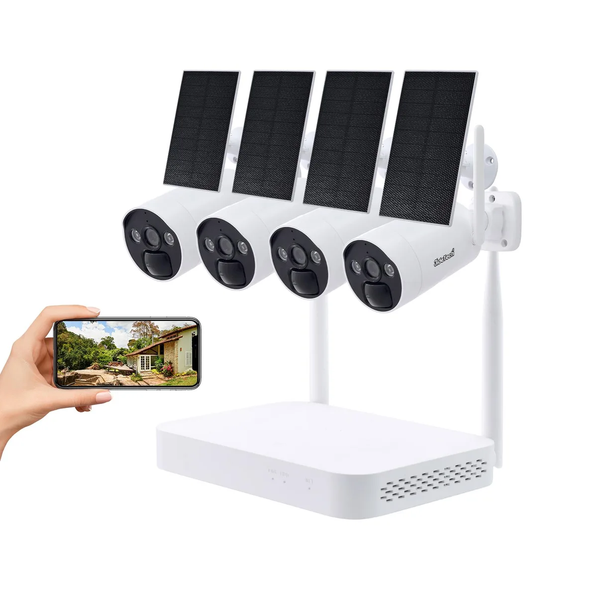 Four bullet cameras with solar panels and a compact NVR unit