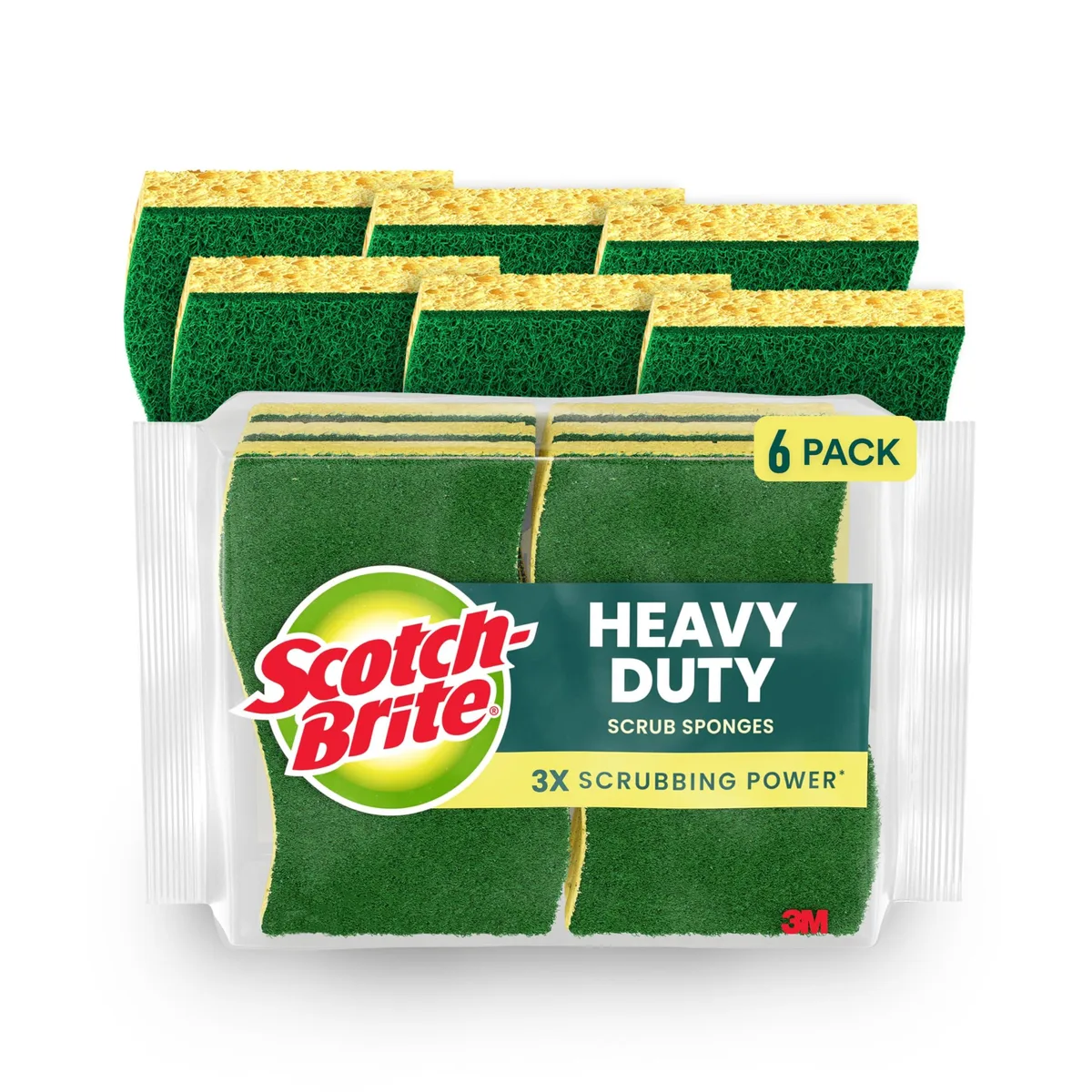 Six yellow and green S-shaped heavy duty scrub sponges in a pack