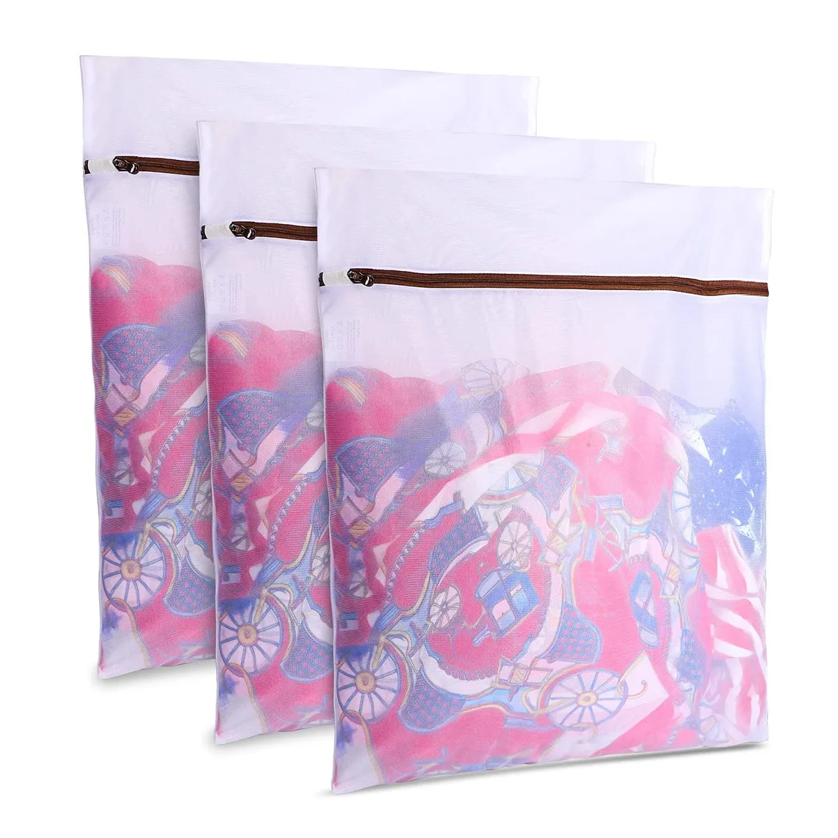 Three beige medium mesh laundry bags 12x16in with zipper closure