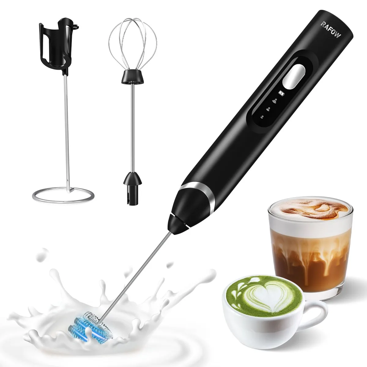  Rafow Handheld Electric Milk Frother 1500mAh USB-C 3-Speed Black — product photo