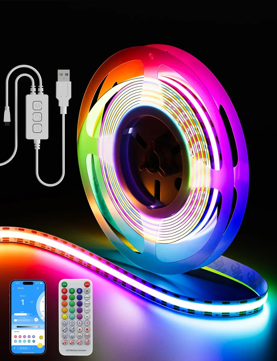 Orange flexible COB LED strip on double-layer PCB, 2m USB-powered roll