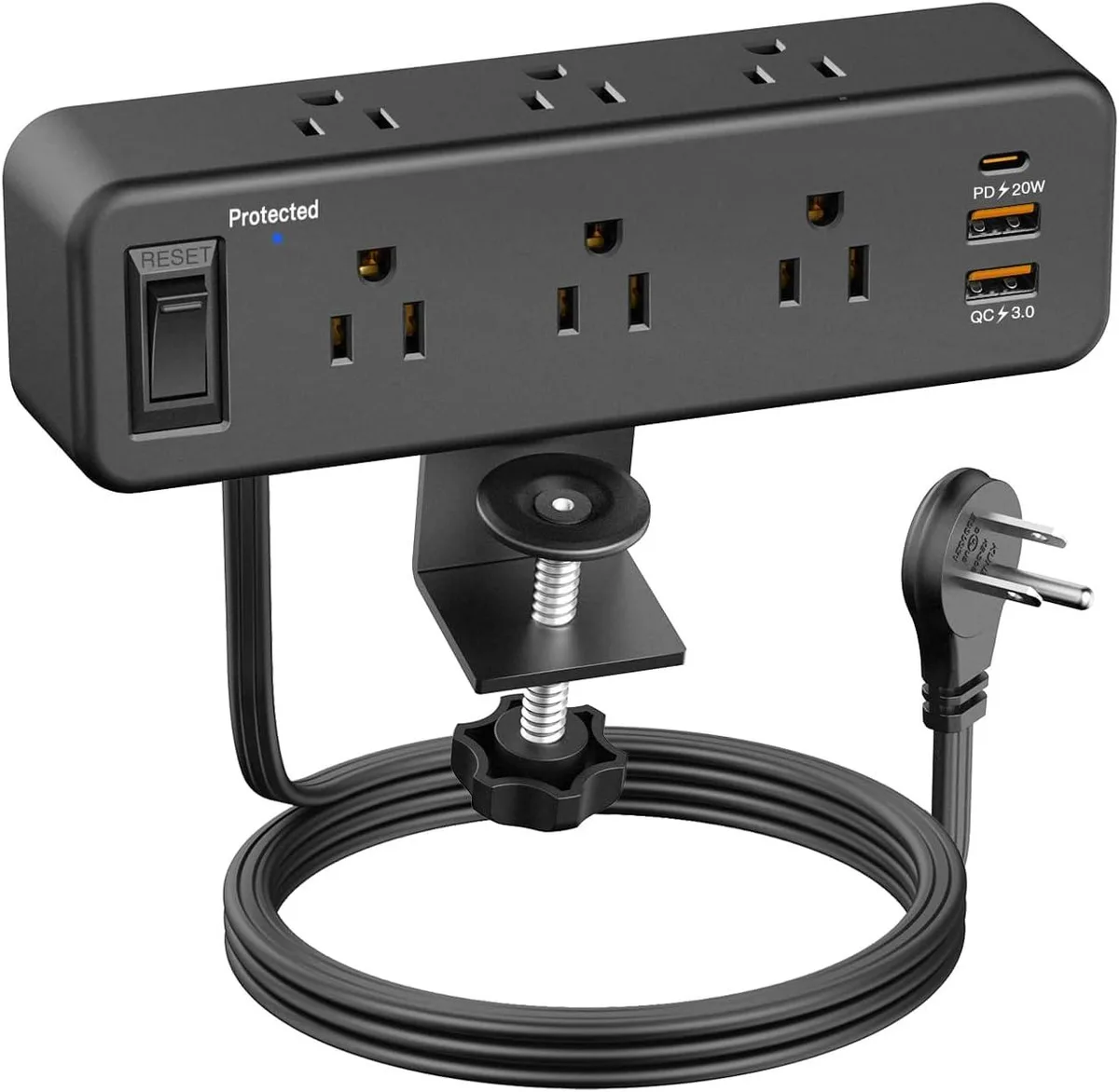 BFKK BFKK Desk Clamp Power Strip PD 20W USB C 6 Outlet 6ft Flat Plug 1.8 inch Edge Mount — product photo