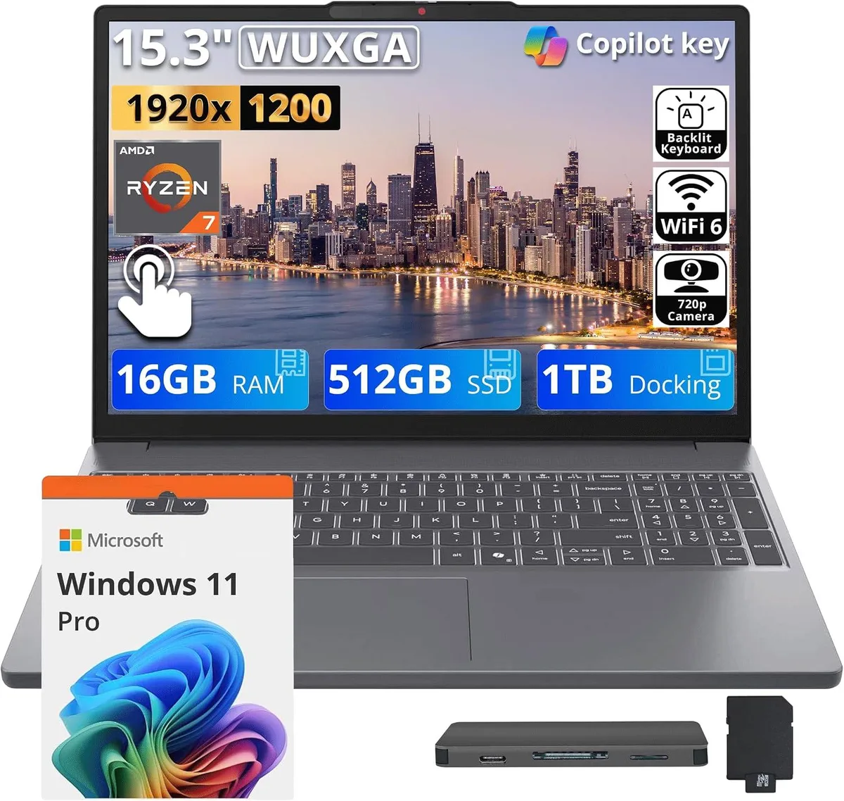 Lenovo Lenovo IdeaPad Slim 3 15.3" WUXGA Touchscreen Business Laptop AMD Ryzen 7 8840HS 16GB DDR5 1.5TB Luna Gray — product photo