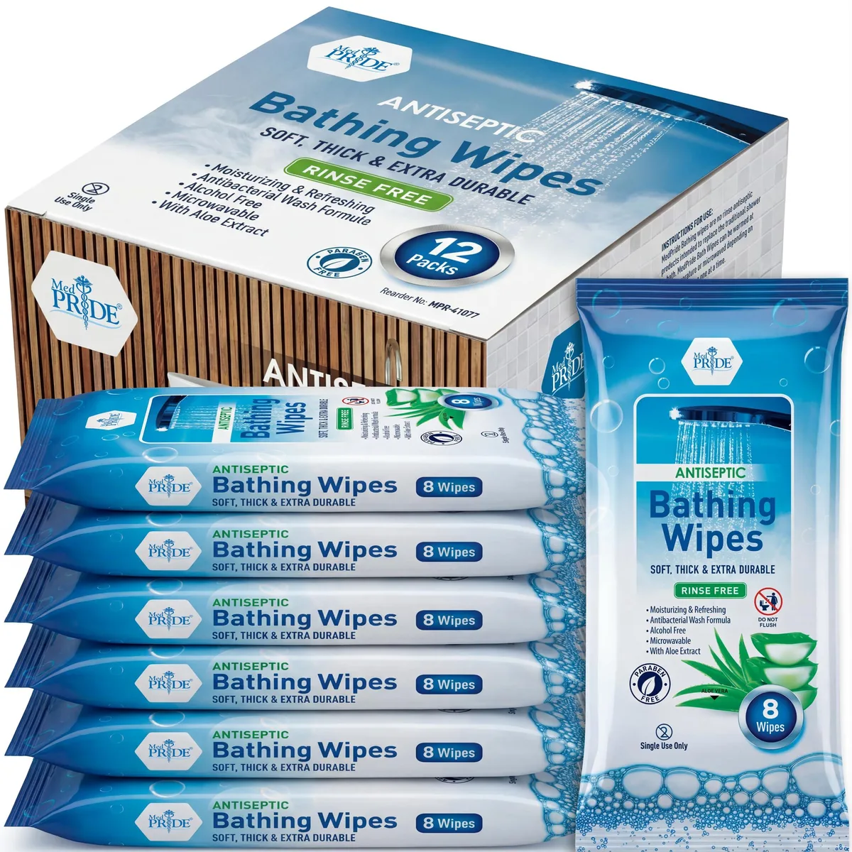  MED PRIDE Rinse XL Bathing Wipes Aloe Vera 12 Packs 96 Count — product photo