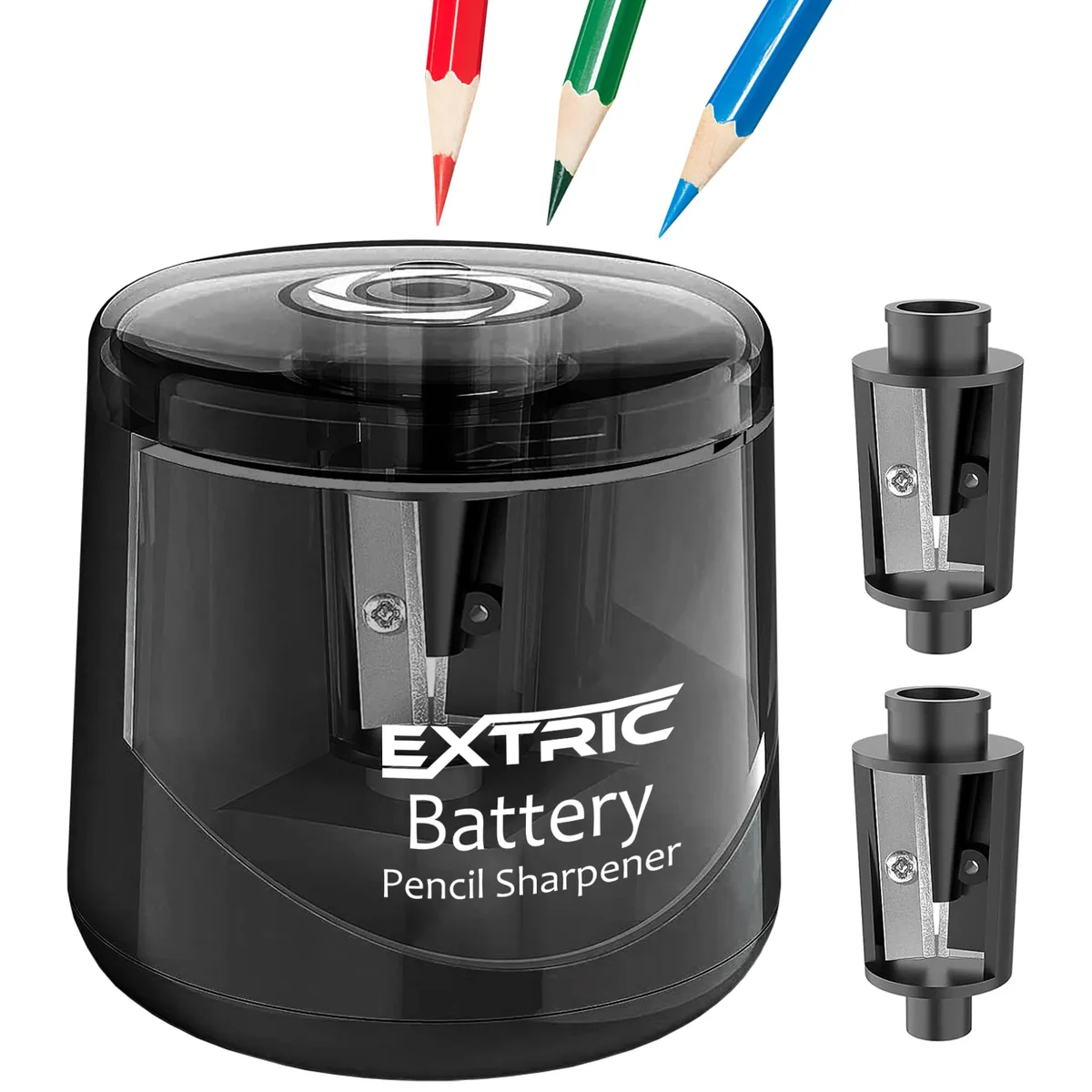 Small black plastic battery pencil sharpener, rectangular with rounded edges