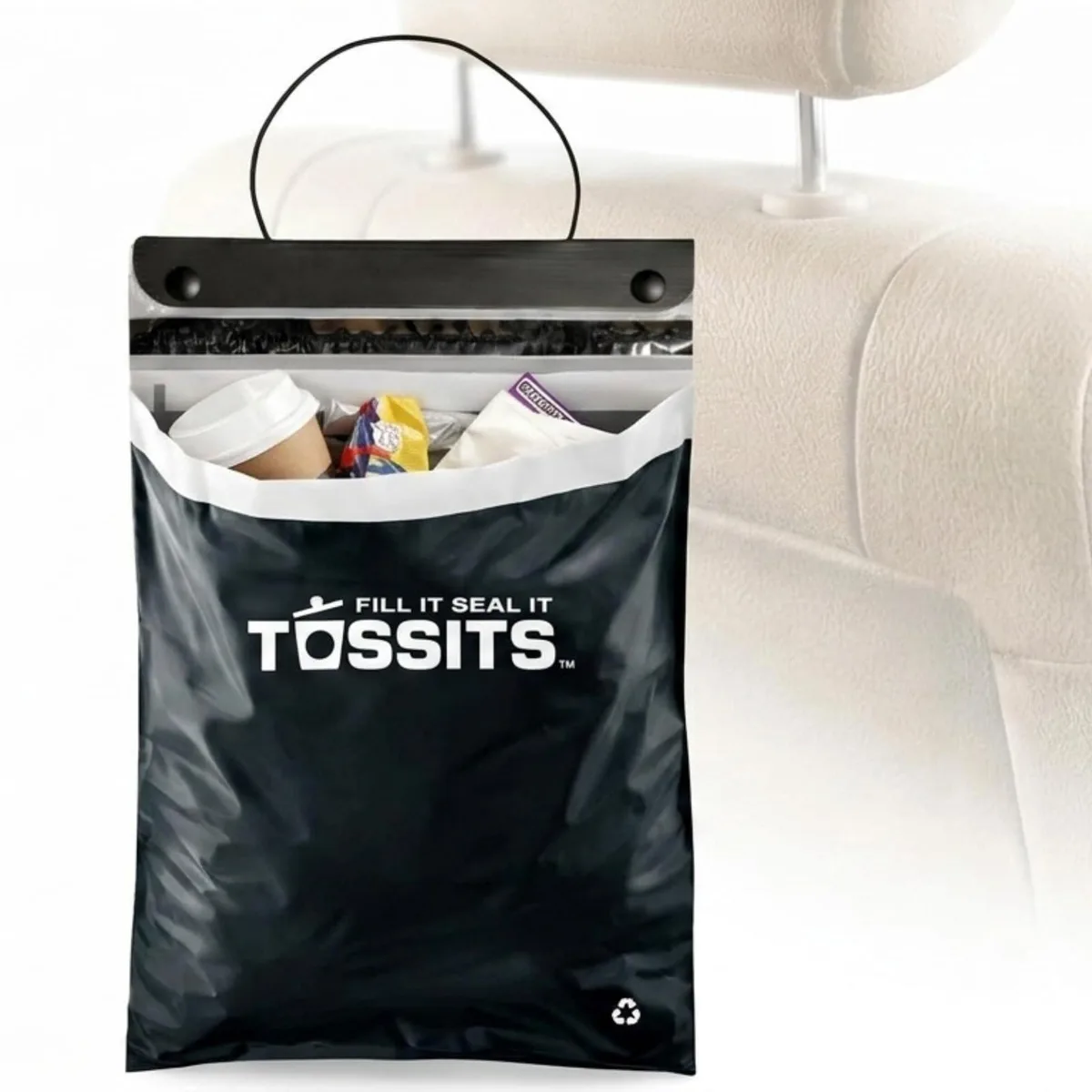 Pack of seven beige disposable car trash bags, flat and folded, made from recycled plastic