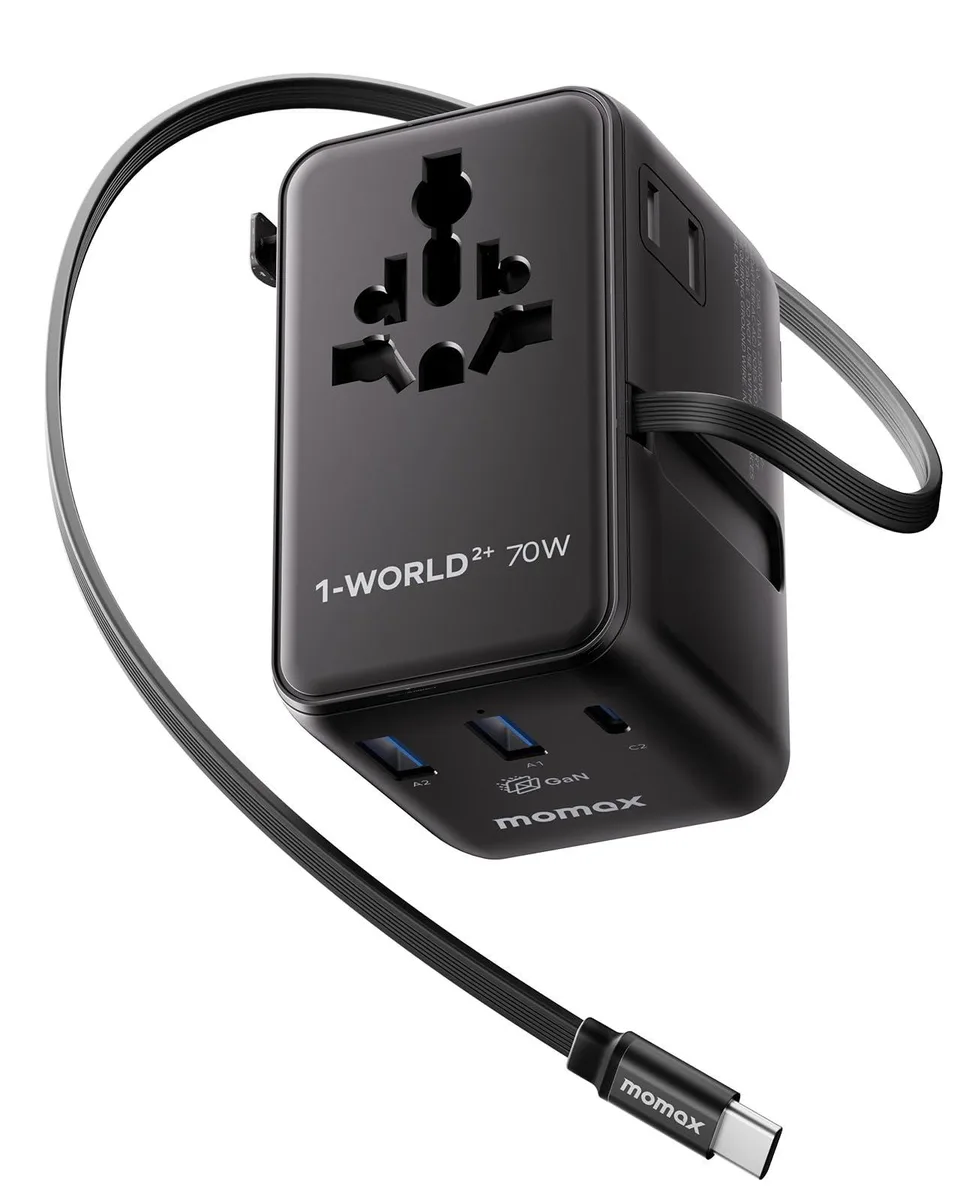 MOMAX Technology Ltd. MOMAX Technology Ltd. UA30D 70W USB charger 2 AC retractable cable Black — product photo