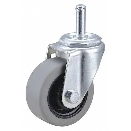 Small swivel stem caster with grey rubber wheel and shiny zinc-plated steel fork