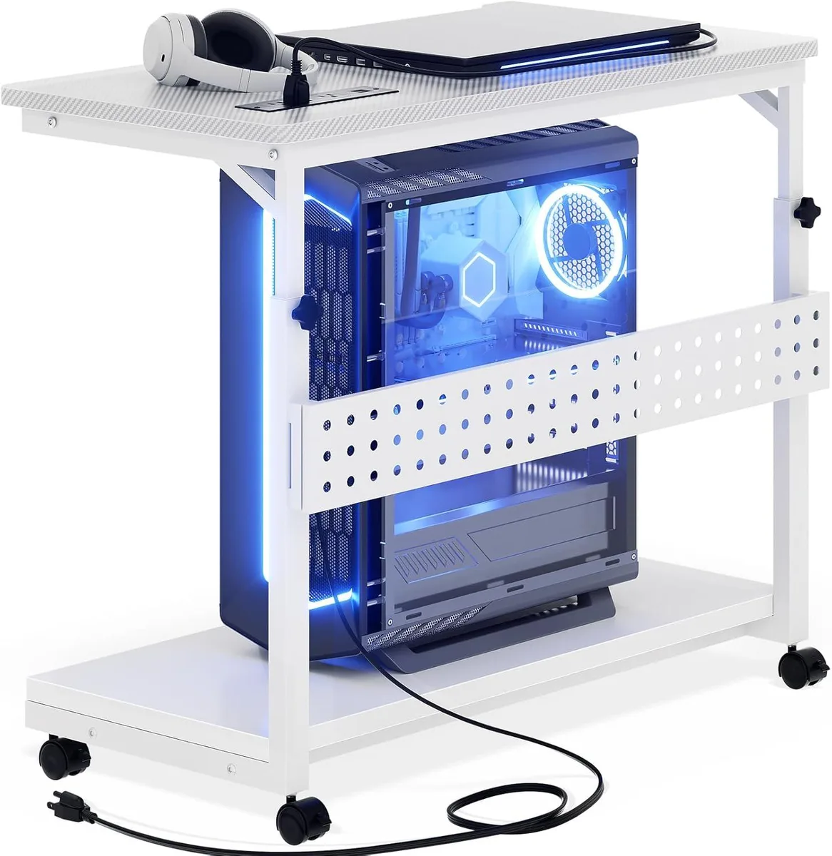 BFKK BFKK Computer Tower Stand with Power Strips Height Adjustable 23-28 28-33 inch Carbon Fiber White — product photo