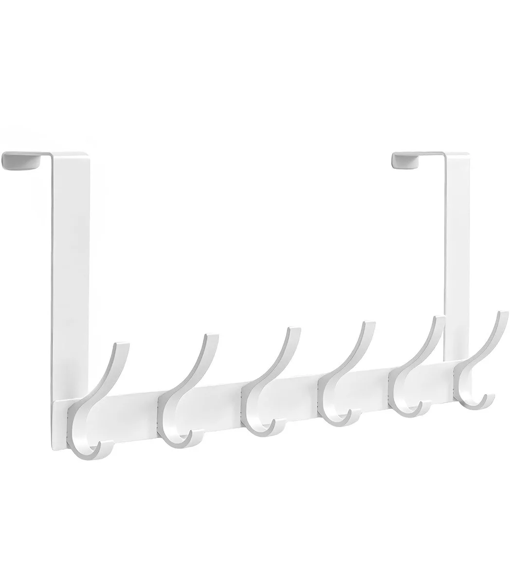 White over-the-door hook rack with six double hooks and 7.4 inch arms