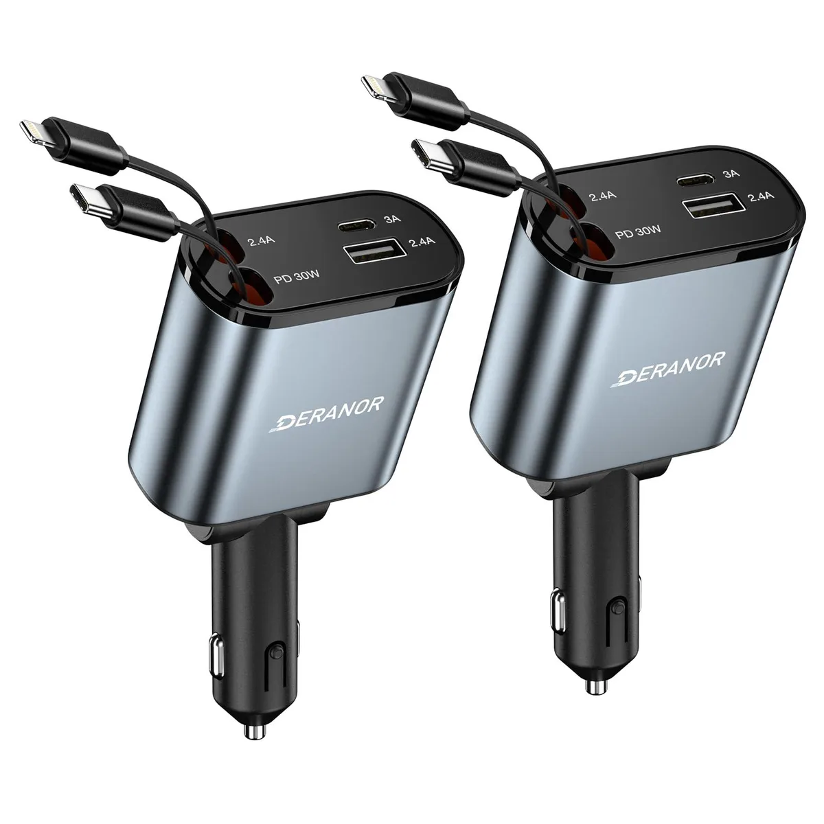 Two retractable car chargers with USB-C and Lightning cables plus extra USB ports, black finish