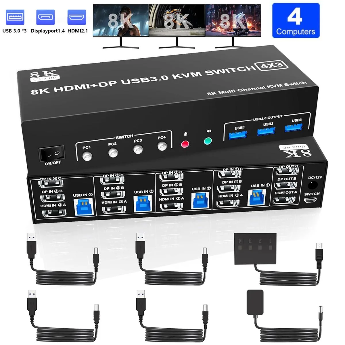 Hitoor Hitoor 4-Port Triple-Monitor KVM Switch 2 DP 1.4 + HDMI 2.1 USB 3.0 — product photo