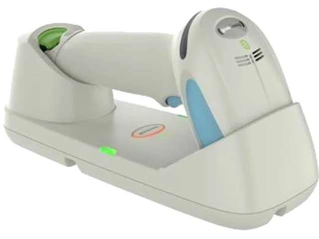 White handheld barcode scanner, pistol grip form factor