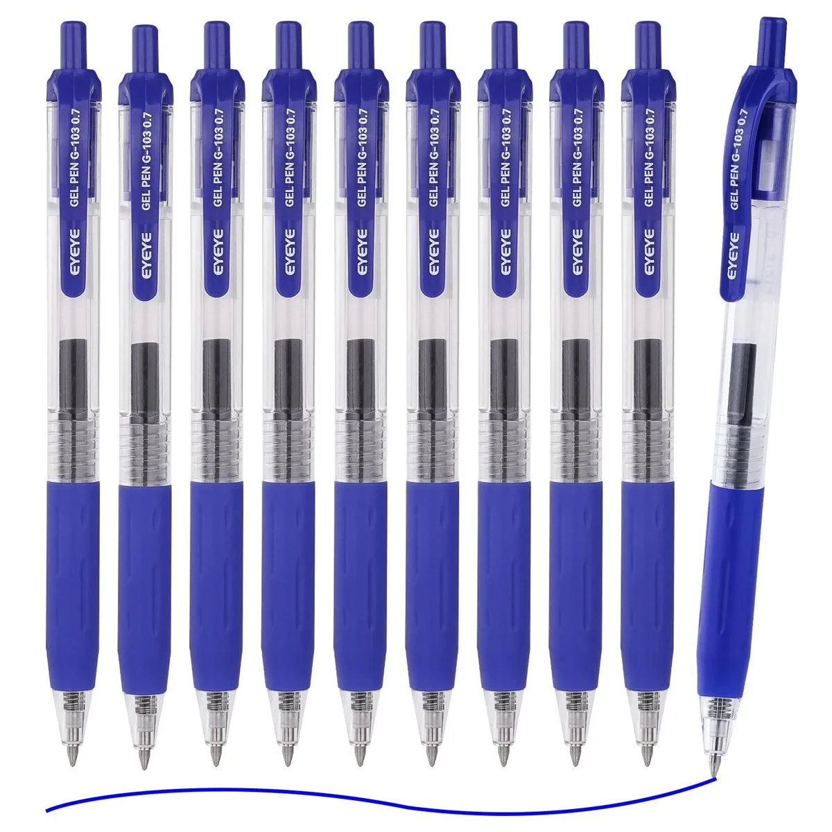 Ten blue retractable gel pens with rubber grips and pocket clips