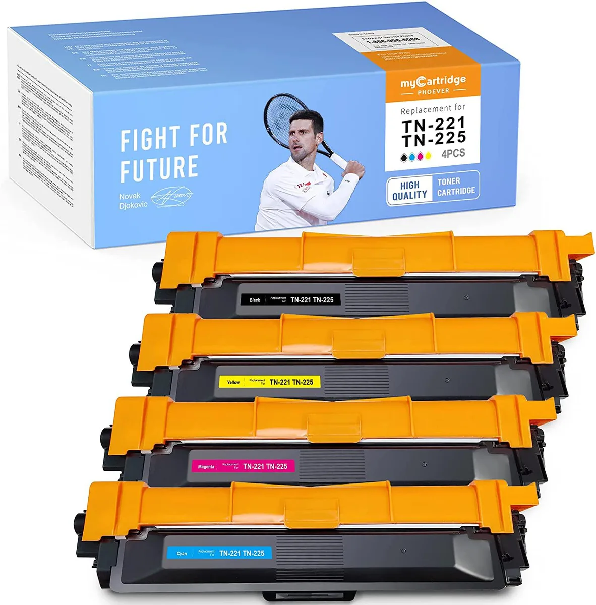 Four new toner cartridges in black cyan magenta yellow inside a cardboard box