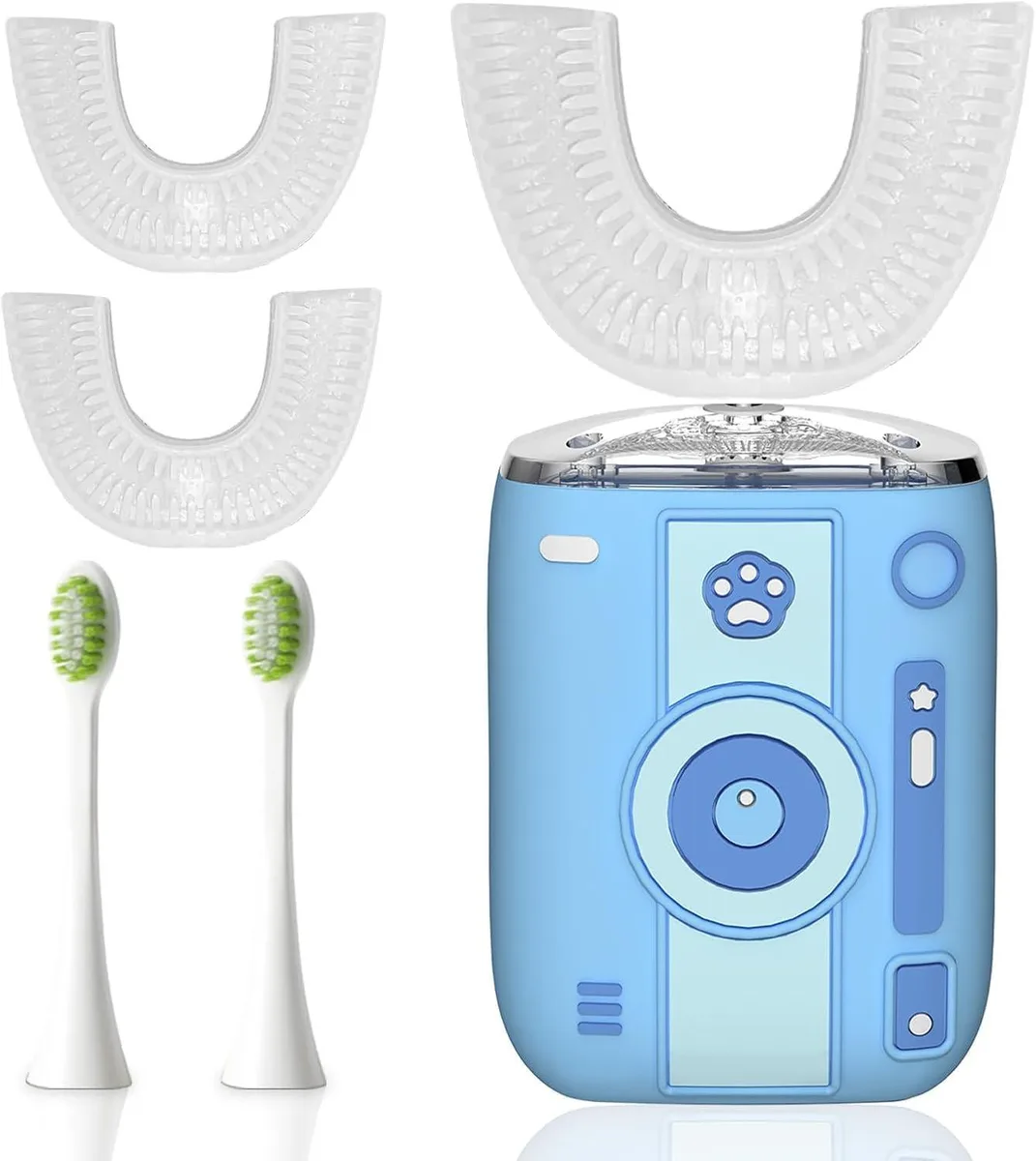 Blue U-shaped electric toothbrush with silicone bristles and straight handle head