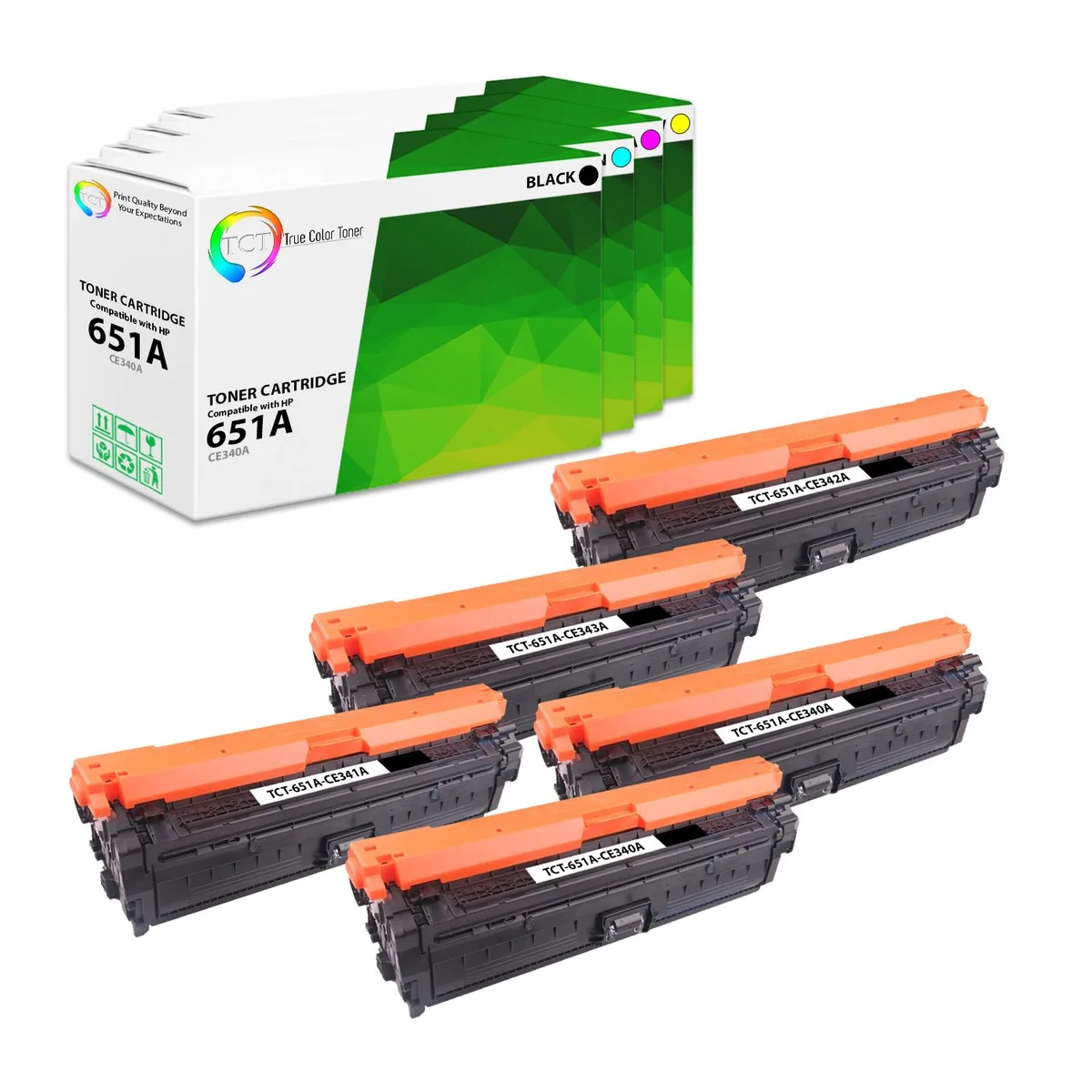 True Color Toner True Color Toner 651A 5-pack toner cartridges (CE340A, CE341A, CE342A, CE343A) — product photo