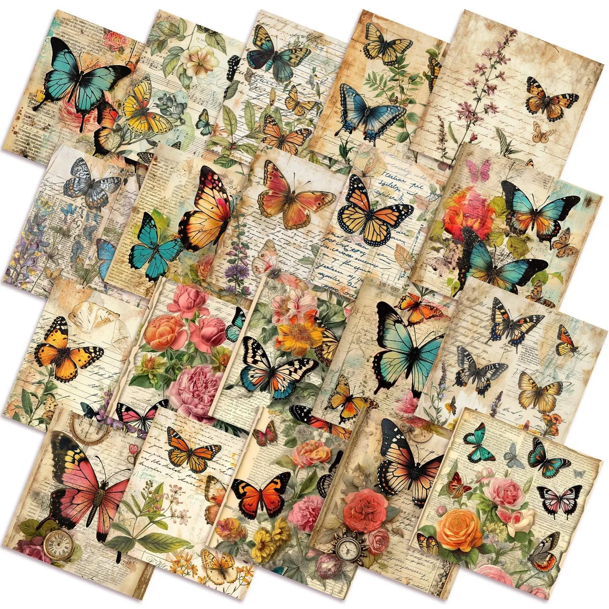 Twenty multicolour polyester cotton squares, each ten by ten inches, printed with vintage butterfly motifs