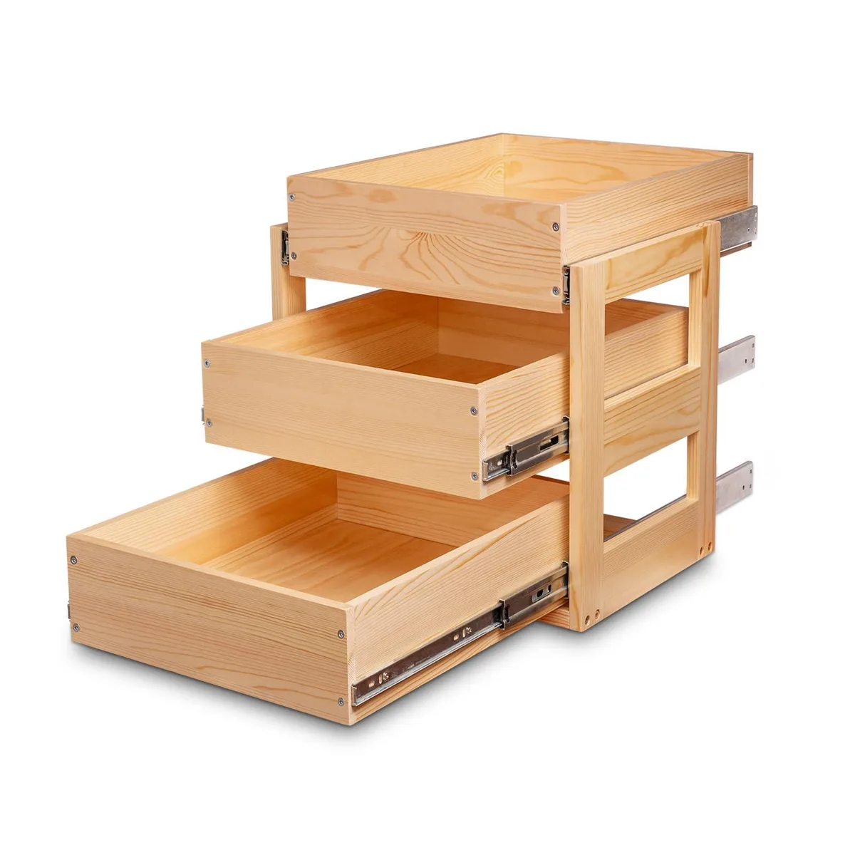 Three-tier pull-out cabinet drawers, natural wood finish, metal slides, 14 by 21 by 19 inches