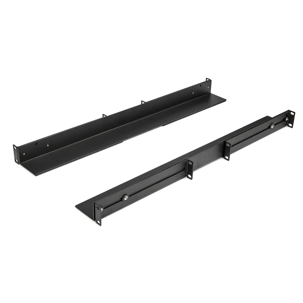 Pair of silver metal 1U rack rails with adjustable depth slots