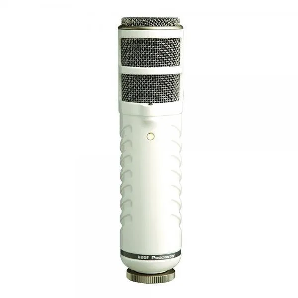 Silver cylindrical USB dynamic microphone with mesh grille and LED indicator