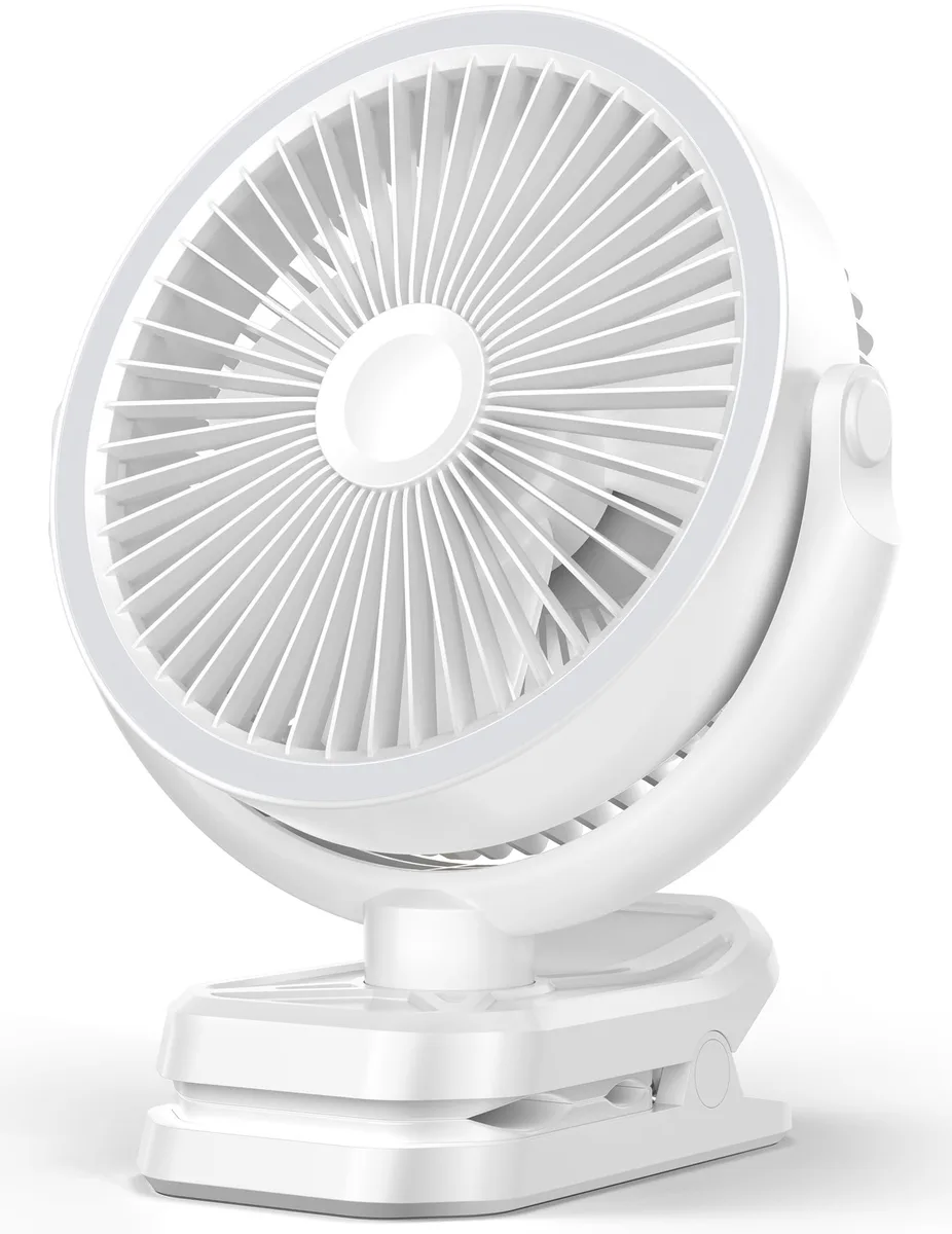 Silver clip-on desk fan with five blades and built-in lantern