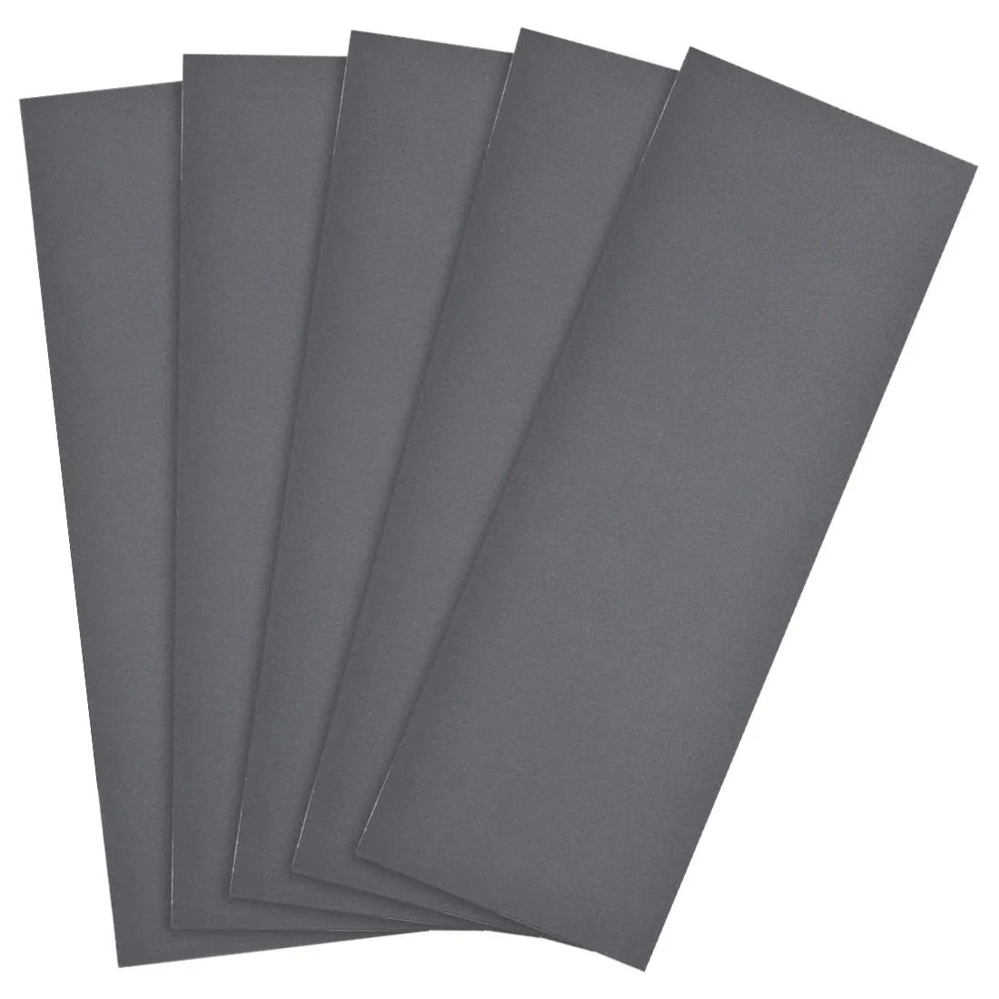 Five rectangular 1000-grit sandpaper sheets, light grey abrasive on paper backing, 230 by 94 mm