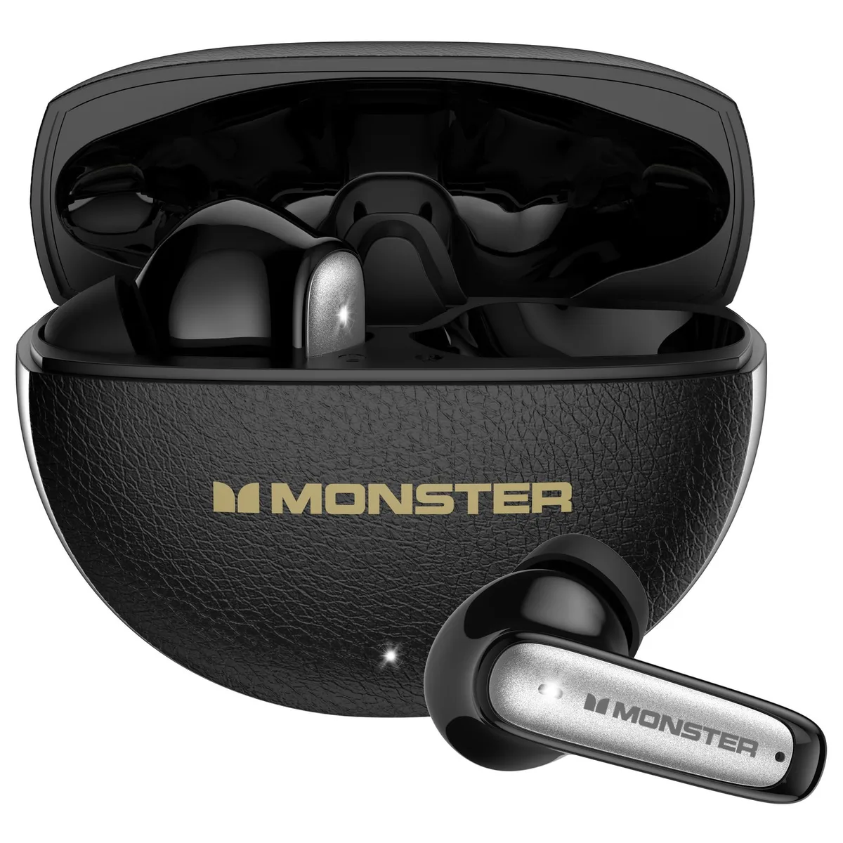 Black in-ear wireless earbuds with charging case