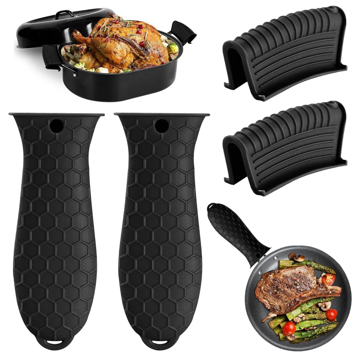 Four black silicone handle covers, two long and two short, textured grip surface