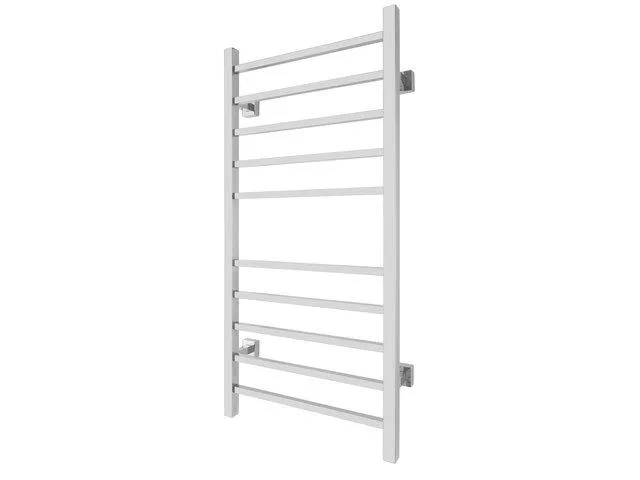 Polished stainless steel towel warmer with ten horizontal bars, dual connection plug or hardwired