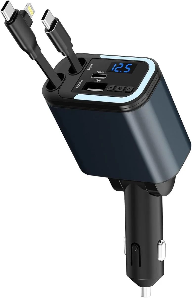 Hamzan Hamzan 5-in-1 120W Retractable Car Charger Type-C+USB-A Bluetooth FM Transmitter — product photo