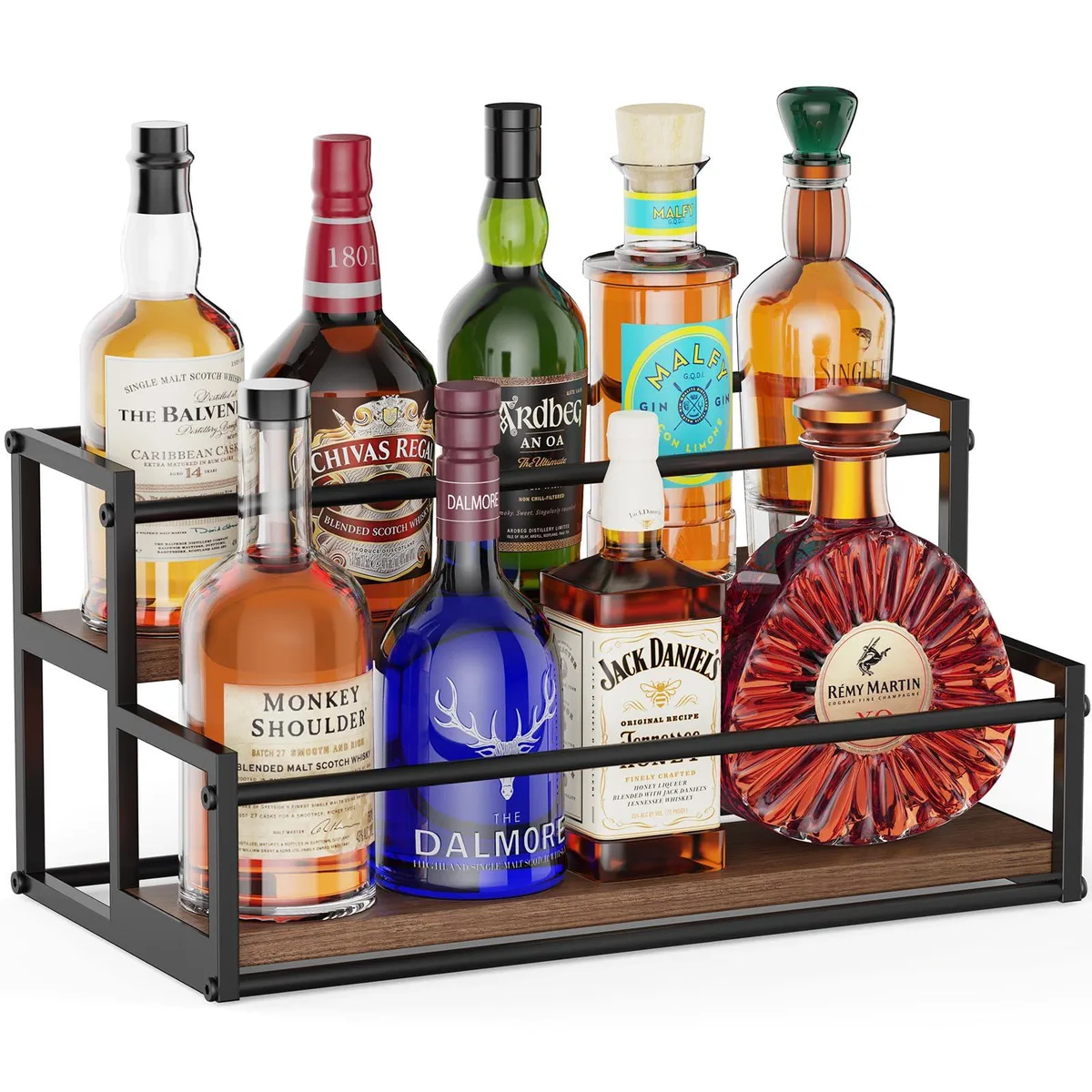 Two-tier matte black metal frame with rustic wood shelves, 16.9 inches wide, holds nine bottles