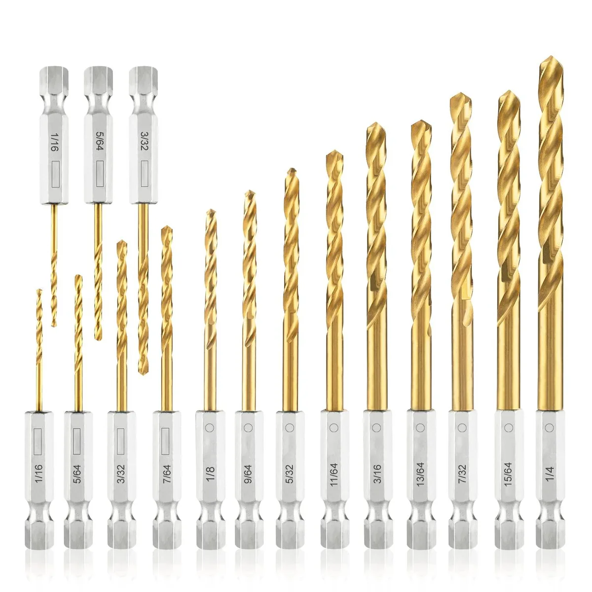 Sixteen gold titanium drill bits in a plastic case, hex shanks visible, sizes marked