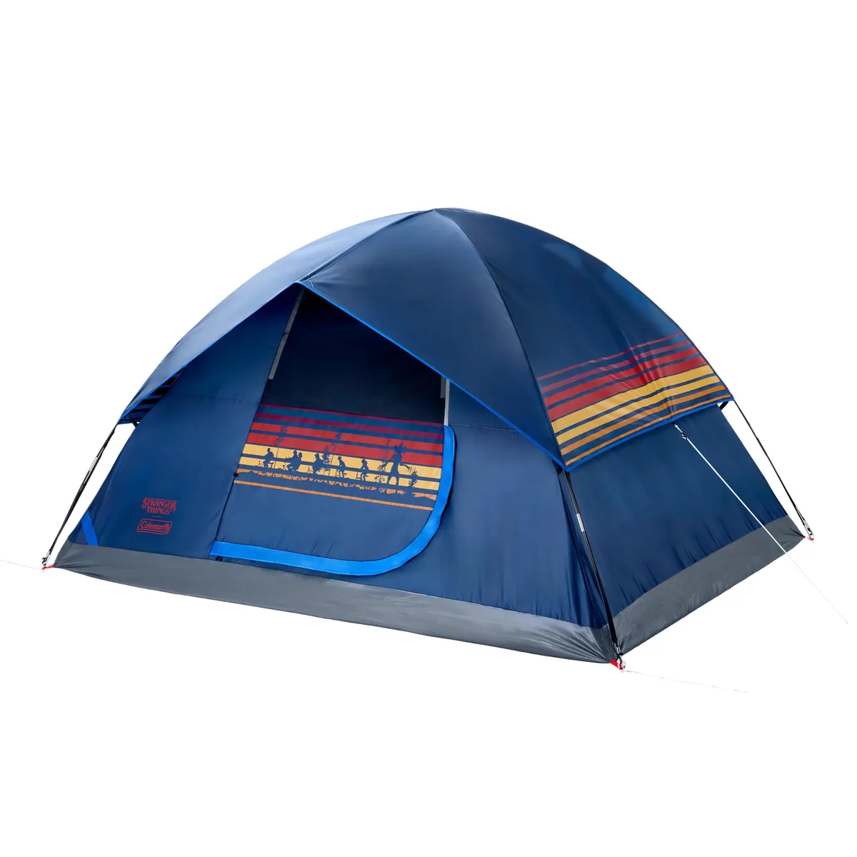 Blue dome tent with Stranger Things graphics, polyester fabric, rainfly and pole sleeves visible