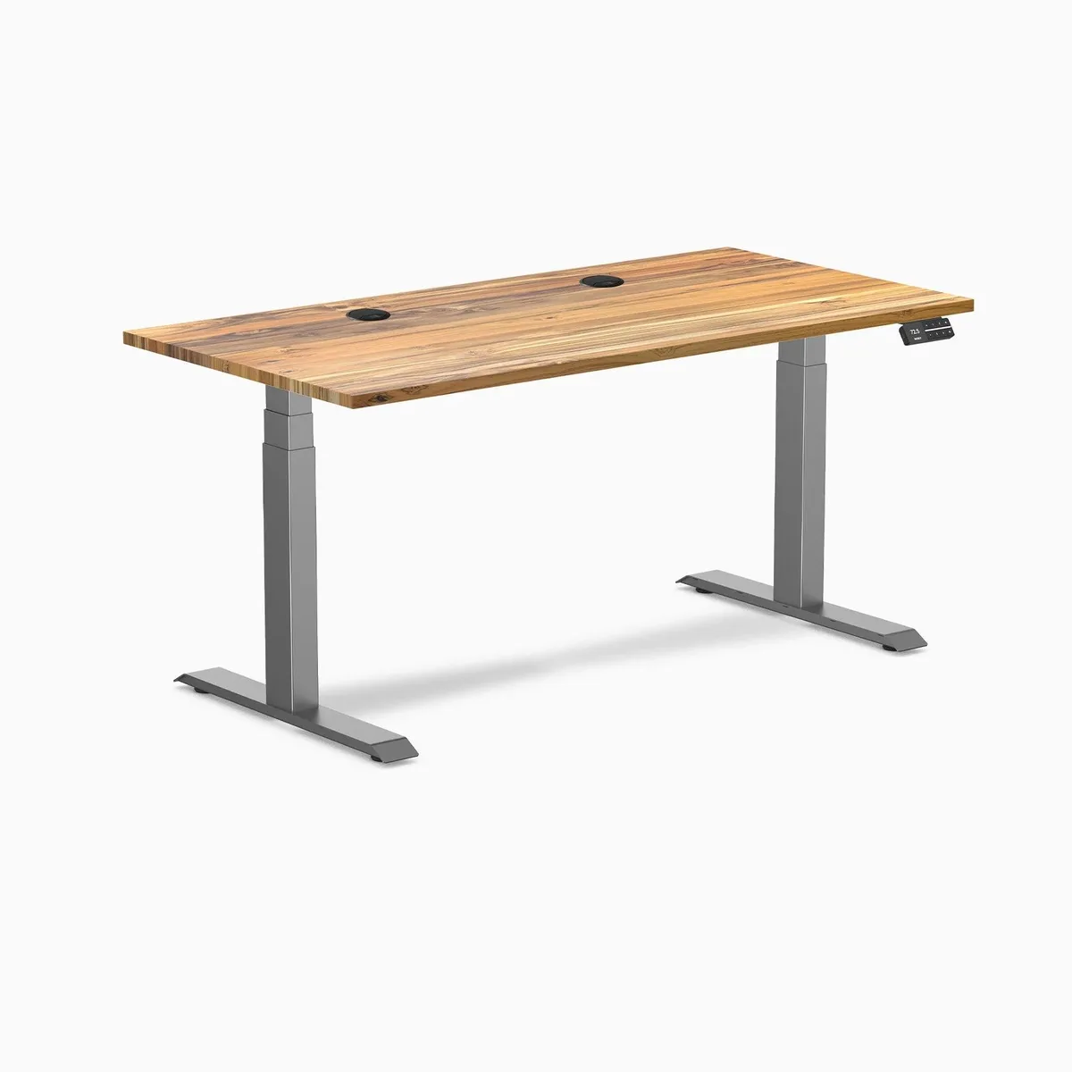 Desky Desky Dual Hardwood Sit Stand Desk Teak 60 x 30 inches Grommets Space Grey — product photo
